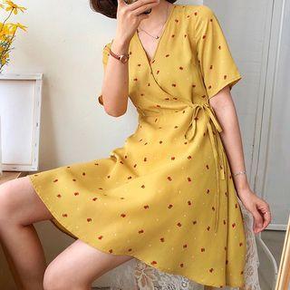 Flower Print Short-sleeve A-line Wrap Dress