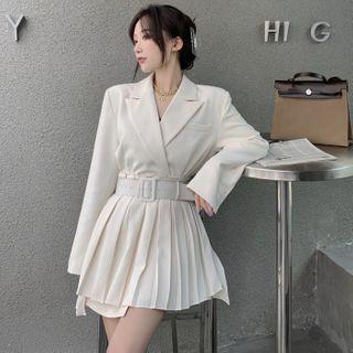 Double Breasted Blazer / Mini A-line Pleated Skirt