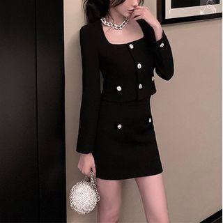 Set: Square Neck Button-up Cropped Jacket + Mini Pencil Skirt