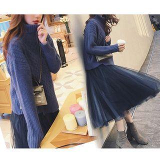 Set Of 2: Turtleneck Sweater + Mesh Skirt