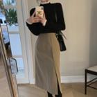 Lace Trim Mock-neck Knit Top / Plain Midi Skirt