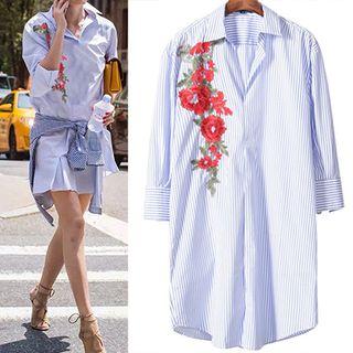 Floral Embroidered Striped Long Shirt