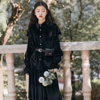 Set: Corduroy Ruffle Blouse + Midi A-line Skirt
