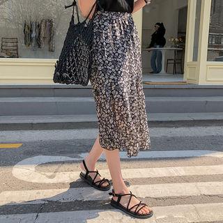 Asymmetric-hem Floral Long Chiffon Skirt One Size