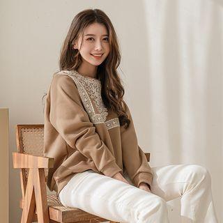 Crochet-lace Trim Fleece-lined Sweatshirt