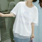 Lettering Short-sleeve Mesh Overlay T-shirt White - One Size
