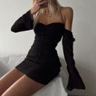 Plain Mesh Halter-neck Long Sleeve Dress