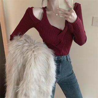 Plain Cross-strap Long-sleeve Halter Knitted Top