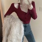 Plain Cross-strap Long-sleeve Halter Knitted Top
