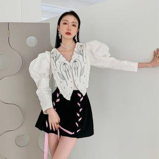 Puff-sleeve Rhinestone Blouse / Wide Leg Shorts