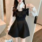Long-sleeve Plain Shirt / Spaghetti Strap Mini A-line Dress / Set