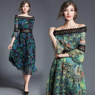 Crochet Trim Printed Chiffon Midi Dress