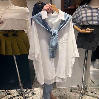 3/4-sleeve Plain Blouse With Shawl