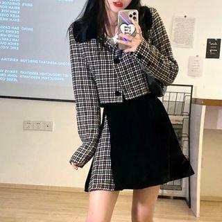 Long-sleeve Plaid Cropped Jacket / Plaid Velvet Panel Mini Skirt