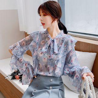 Long-sleeve Floral Print Ruffled Blouse