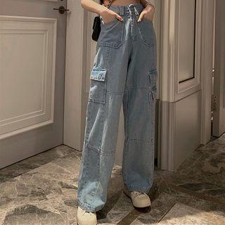 Plain High-waist Loose-fit Cargo Jeans