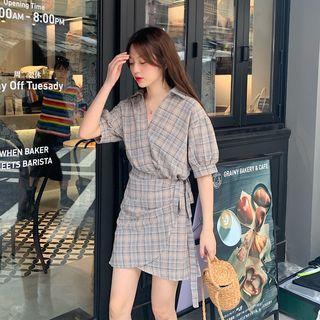 Puff-sleeve V-neck Plaid Tie-waist Mini Dress