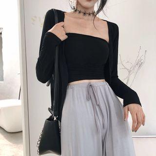 Plain Tube Top + Plain Jacket / Plain High-waist Wide-leg Pants