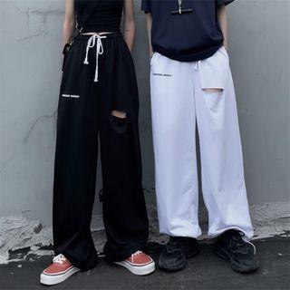 Drawstring Waist Lettering Distressed Straight Leg Pants
