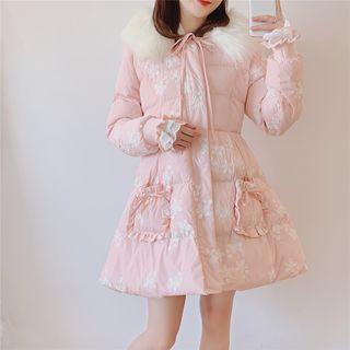 Floral Embroidered Hooded Padded Zip Jacket