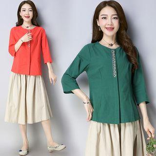 3/4-sleeve Embroidered Trim T-shirt