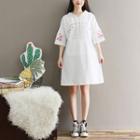 Flower Embroidered Elbow-sleeve Hoodie Dress