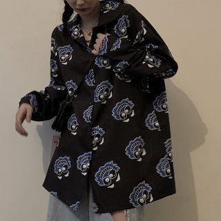 Long-sleeve Graphic Print Shirt Print - Black - One Size