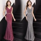 Sleeveless Glitter V-neck Mermaid Maxi Dress