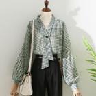Lantern-sleeve V-neck Houndstooth Shirt