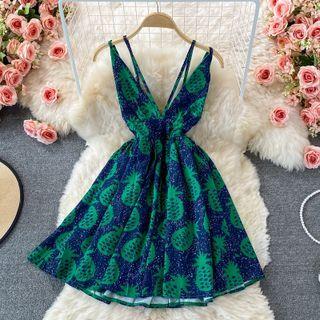 Deep V-neck Print Mini Dress