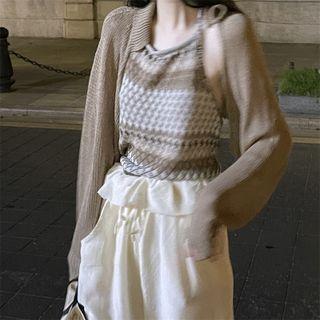 Set: Cropped Cardigan + Argyle Cropped Halter Top Cardigan - Khaki - One Size / Halter Top - Khaki & White - One Size
