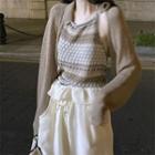 Set: Cropped Cardigan + Argyle Cropped Halter Top Cardigan - Khaki - One Size / Halter Top - Khaki & White - One Size