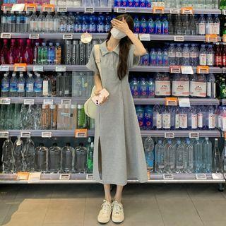 Short-sleeve Lapel Plain Slit Dress