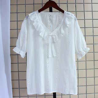 Frill Trim Perforated Short Sleeve Blouse