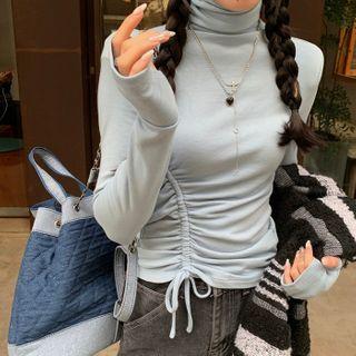 Turtleneck Drawstring Ruched Long-sleeve Top
