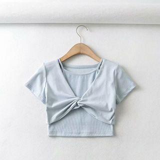 Set: Short-sleeve Twisted Crop Top + Camisole Top