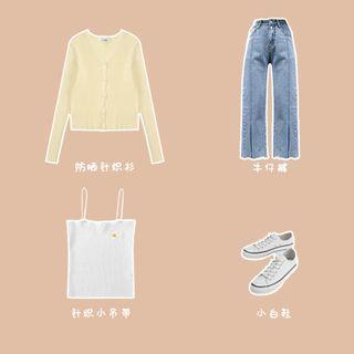 Flower Embroidered Knit Camisole Top / Cardigan / Straight-cut Jeans