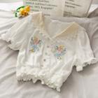 Lace-trim Embroidered Crop Sailor Blouse White - One Size