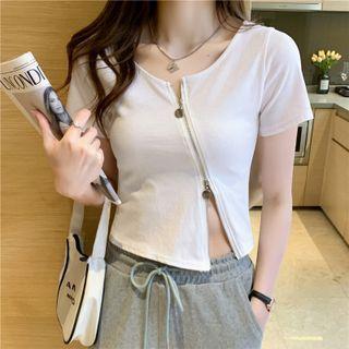 Short-sleeve Diagonal Zip Cropped T-shirt