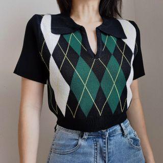 V-neck Color-block Plaid Knit Cropped Top