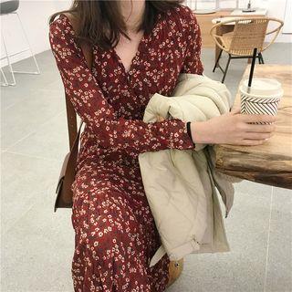 Long-sleeve Midi Floral A-line Dress Red - One Size