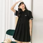 Short-sleeve Pleated Shirt Dress Black - M