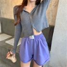 Zipper Hooded Crop Knit Top / Elastic High-waist Shorts