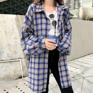 Puff-sleeve Plaid Long Shirt