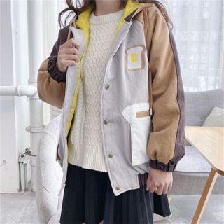 Color Block Hooded Button Jacket As Shown In Figure - One Size