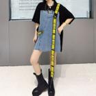 Mock Two-piece Elbow-sleeve Denim Panel Lettering Trim Mini T-shirt Dress