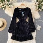 Square-neck Ruched Velvet Long-sleeve Dress
