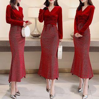 Set: Long-sleeve Drawstring Top + Rhinestone Midi Pencil Skirt
