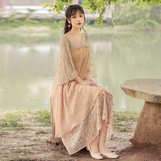 3/4-sleeve Floral Embroidered Lace A-line Midi Dress