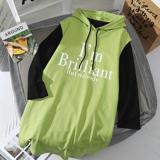 Set: Plain Long-sleeve T-shirt + Lettering Hooded Tank Dress T-shirt - Black - One Size / Tank Dress - Green - One Size